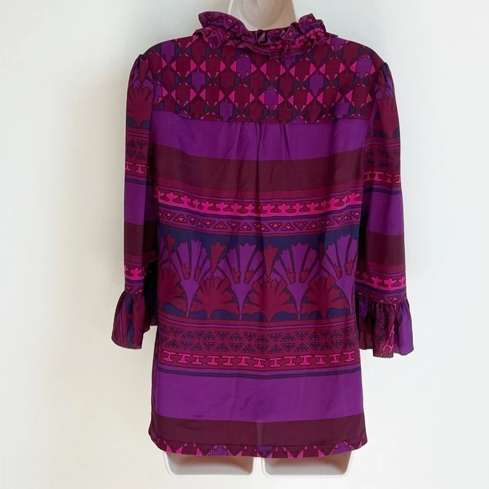 Tory Burch Silk Geometric Print Ruffle High V Neck 3/4 Tunic Blouse Top Sz 4